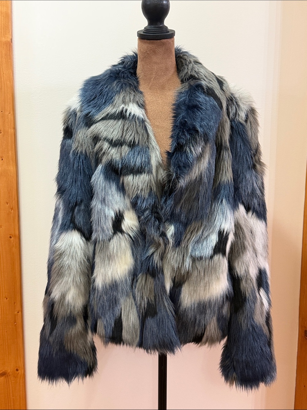 Boston Proper Faux Fur Patchwork Jacket in Blue, Gray, Black and White NWOT